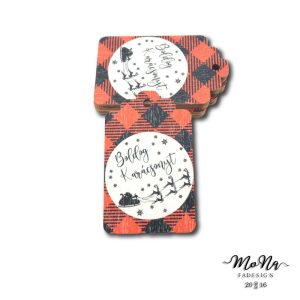   Ajándékcímke- szánt húzó szarvasok (fekete-piros) 6,5x4cm